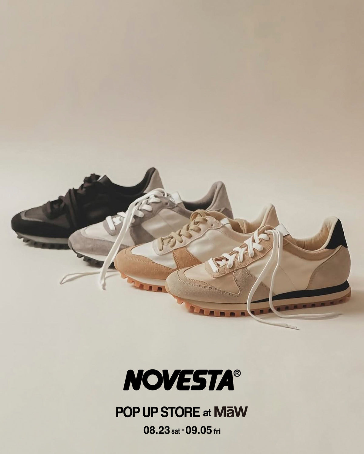NOVESTA POP UP STORE at MaW NOVESTA初の札幌でのPOPUPをMaWにて開催いたします。8/23(土) - 9/5(金)まで。 今回のイベントでは、ブランドを代表する MARATHON TRAIL をはじめ、GERMAN TRAINER、NOVESTA FLUX などをご覧いただけます。北海道でははじめてのPOPUPとなります。ぜひ近隣の方はご来場いただけますと幸いです🇸🇰