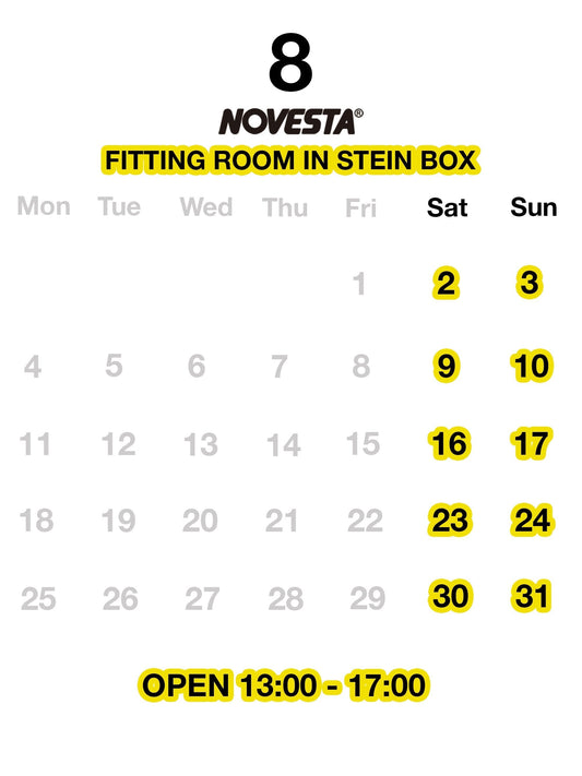 NOVESTA FITTINGROOM（ノヴェスタ・フィッティングルーム）の8月の営業日は以下となります。新型のFLUX、こちらの店舗のみ限定のモデルも入荷中です👟