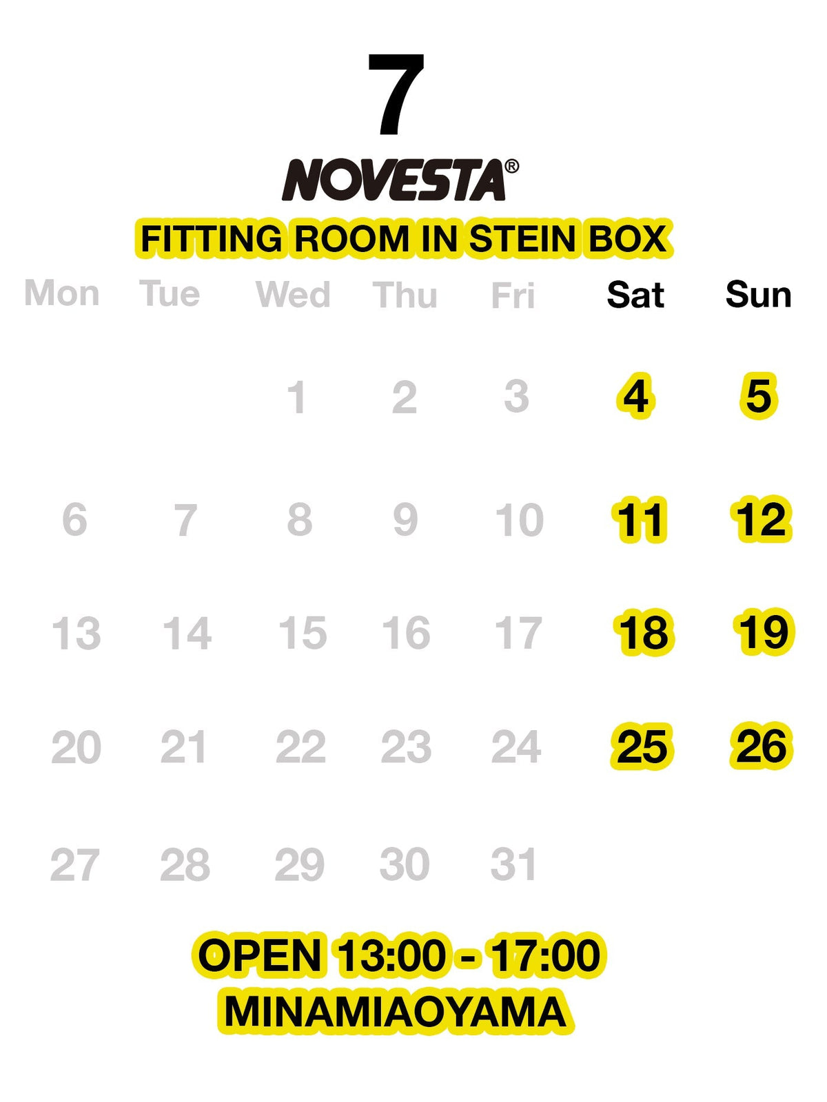 NOVESTA（ノヴェスタ/ノベスタ）公式オンラインストア - 2026年7月のNOVESTA FITTINGROOM（ノヴェスタ・フィッティングルーム）営業日