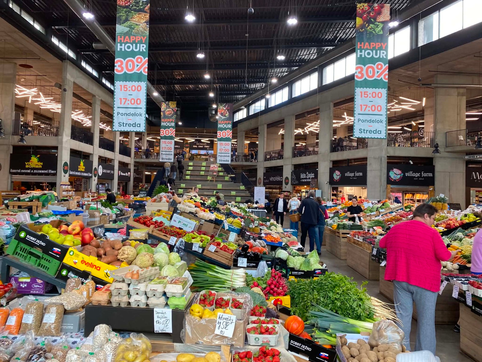 Vegetables and fruits on display at the indoor market in Bratislava